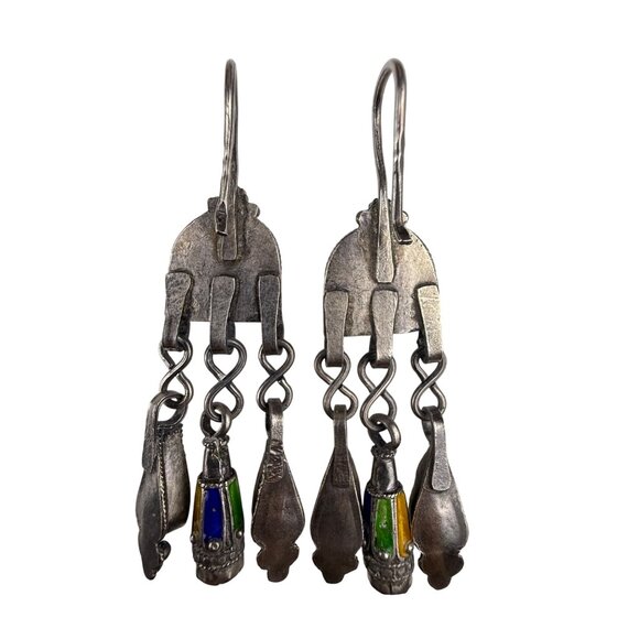 Vintage Kabyle Tribal Silver Dangle Earrings Orange Glass & Enamel - Picture 2 of 4